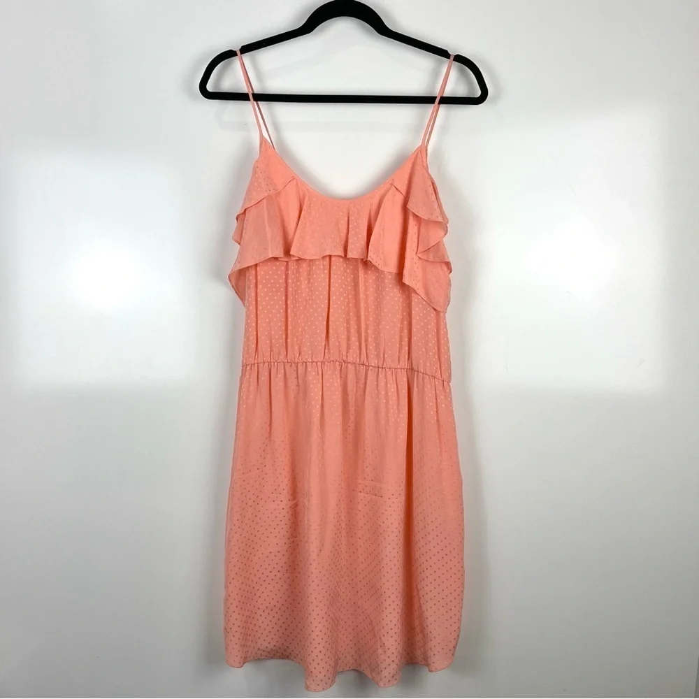 Rebecca Taylor Coral Polka Dot Ruffle Mini Slip Dress 100% Silk Women's Size 12 - Picture 1 of 6